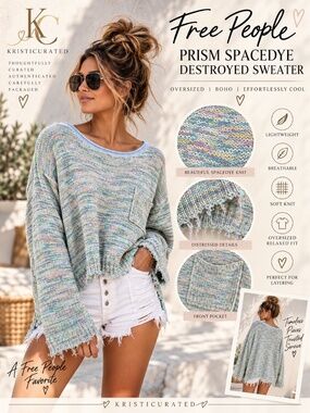 Free People Prism Spacedye Destroyed Sweater XS Aqua Linen Oversized